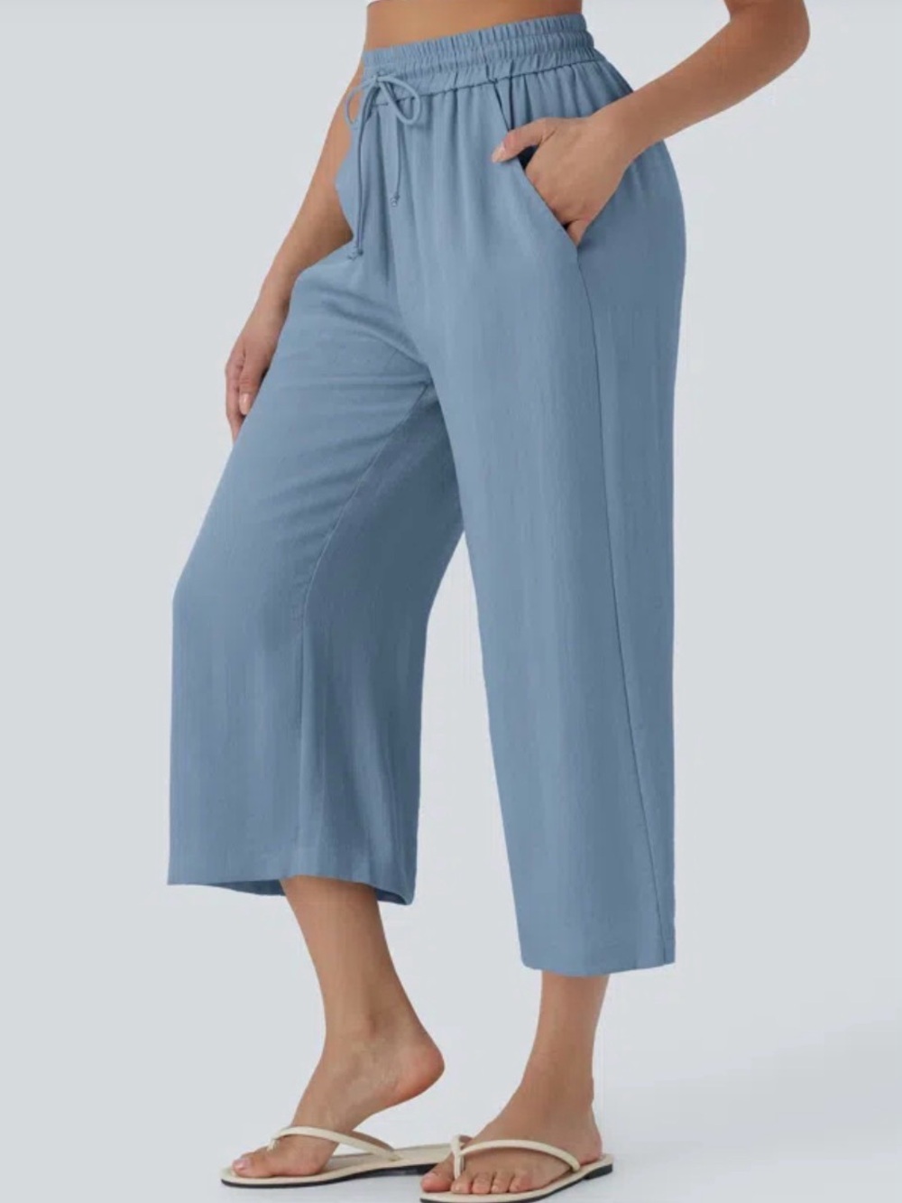 Halara High Waisted Drawstring Wide Leg Cropped Casual Linen-Feel Pants